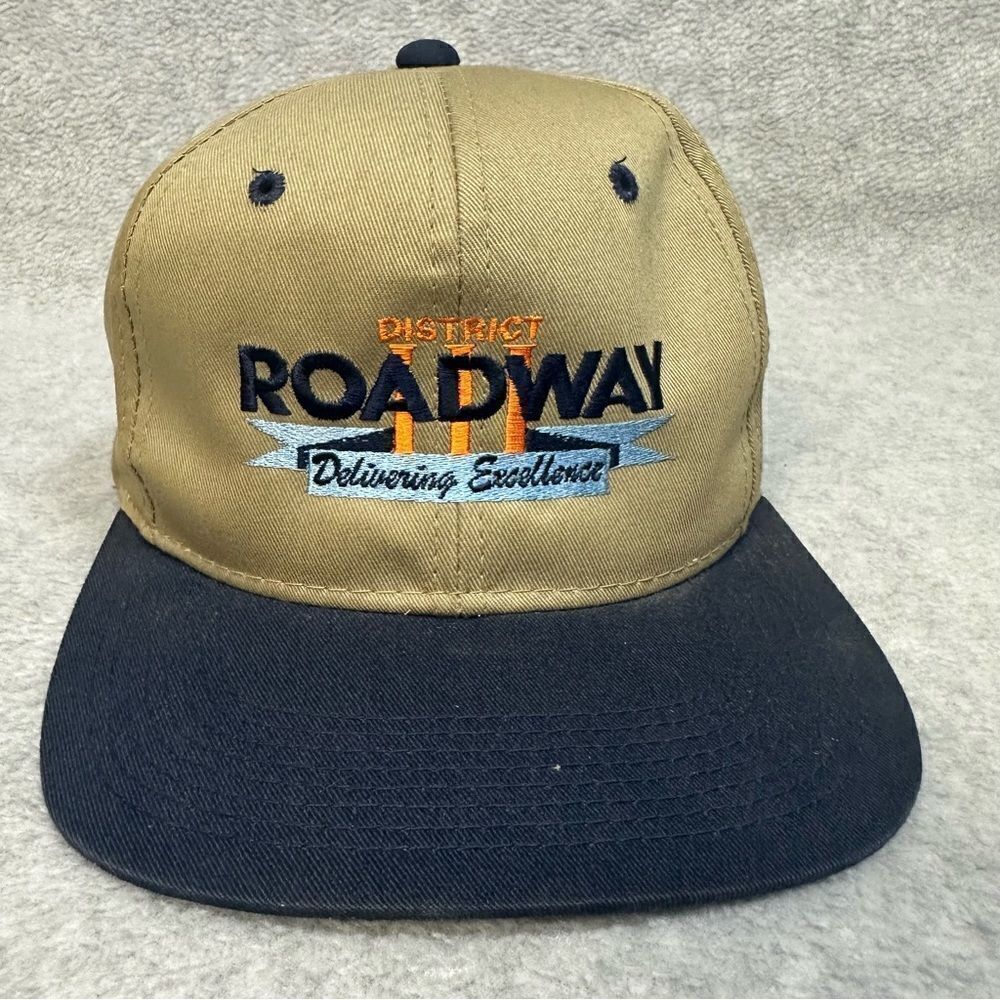 District Roadway Hat Adult OSFA Snap Back Blue Beige Embroidered Logo Automotive